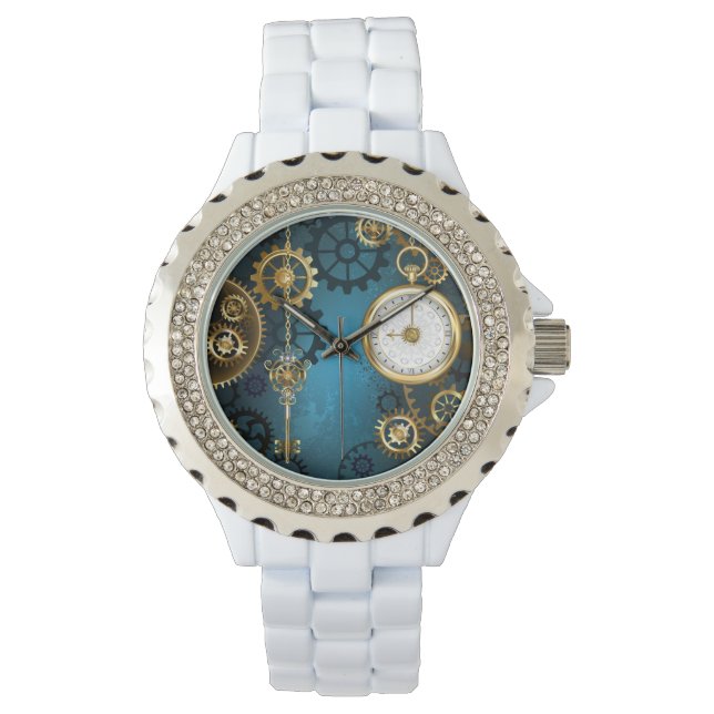 Steampunk turquoise Background with Gears Watch (Front)