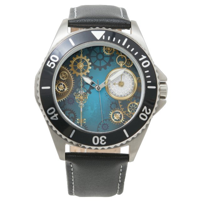 Steampunk turquoise Background with Gears Watch (Front)