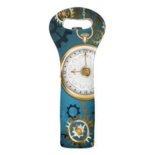 Steampunk turquoise Background with Gears Wine Bag