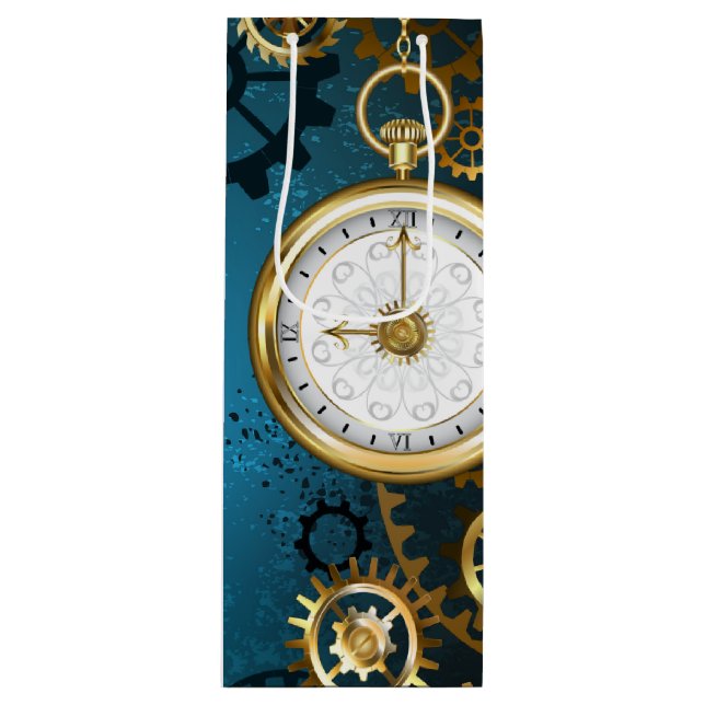Steampunk turquoise Background with Gears Wine Gift Bag (Front)