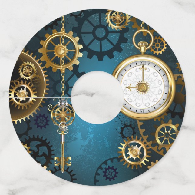Steampunk turquoise Background with Gears Wine Glass Tag (Front)