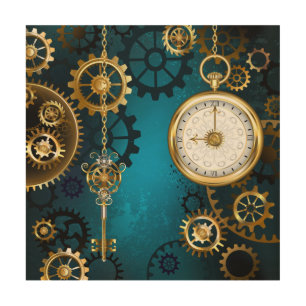 Steampunk turquoise Background with Gears Wood Wall Art