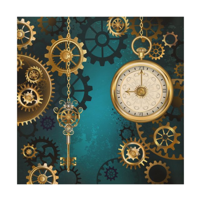 Steampunk turquoise Background with Gears Wood Wall Art (Front)