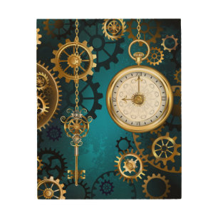 Steampunk turquoise Background with Gears Wood Wall Art