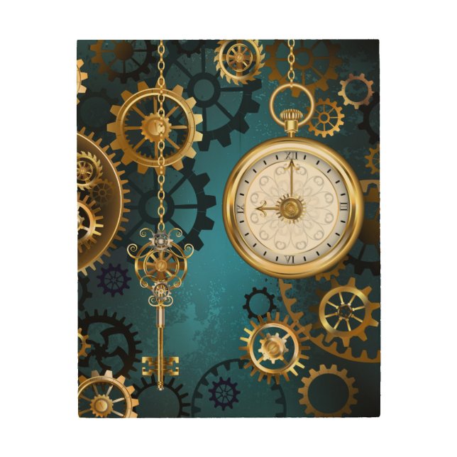 Steampunk turquoise Background with Gears Wood Wall Art (Front)