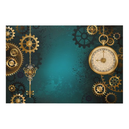 Steampunk turquoise Background with Gears Wood Wall Art