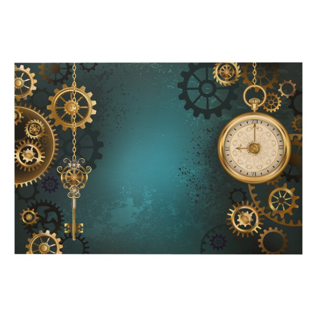Steampunk turquoise Background with Gears Wood Wall Art (Front)