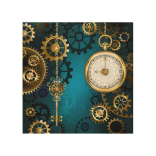 Steampunk turquoise Background with Gears Wood Wall Art