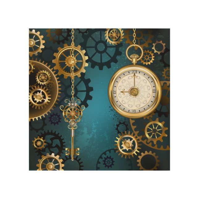 Steampunk turquoise Background with Gears Wood Wall Art (Front)