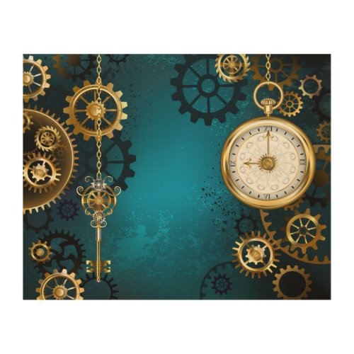 Steampunk turquoise Background with Gears Wood Wall Art