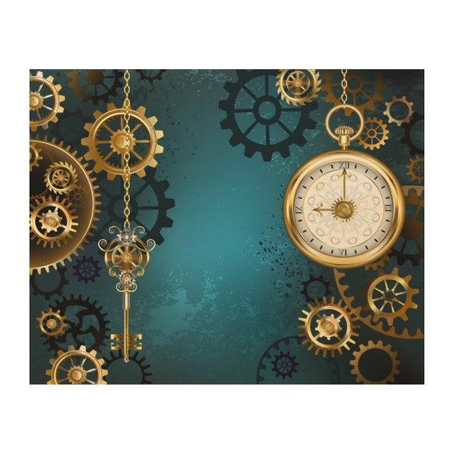 Steampunk turquoise Background with Gears Wood Wall Art (Front)