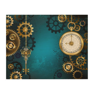 Steampunk turquoise Background with Gears Wood Wall Art