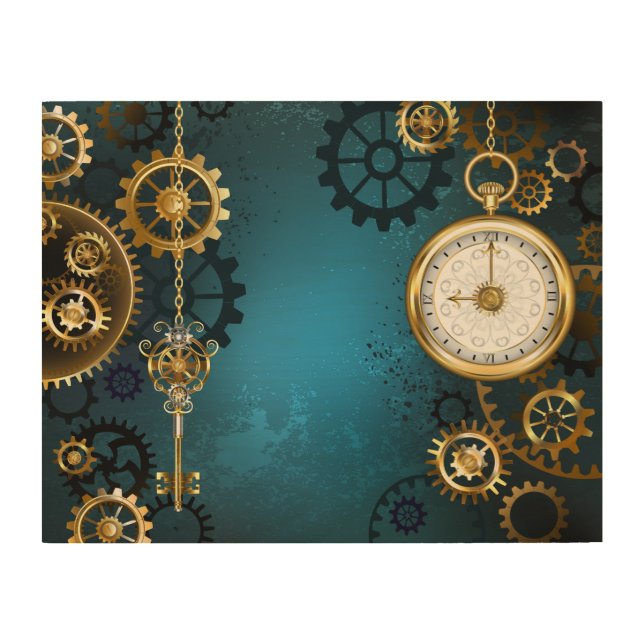 Steampunk turquoise Background with Gears Wood Wall Art (Front)