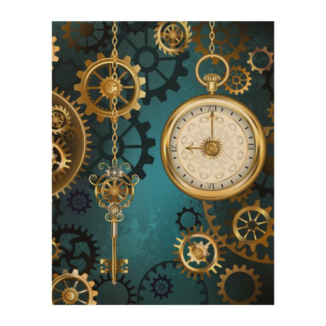 Steampunk turquoise Background with Gears Wood Wall Art (Front)
