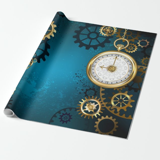 Steampunk turquoise Background with Gears Wrapping Paper (Unrolled)