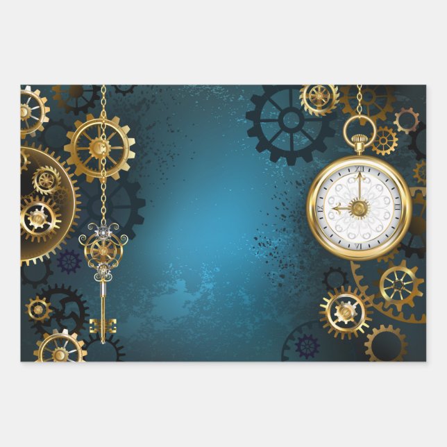 Steampunk turquoise Background with Gears Wrapping Paper Sheets (Front)
