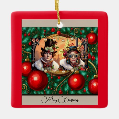 Steampunk Two Hearts Christmas  Ceramic Ornament