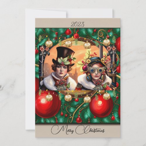 Steampunk Two Hearts Christmas Flat Holiday Card