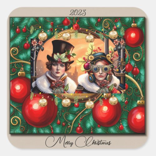 Steampunk Two Hearts Christmas  Square Sticker