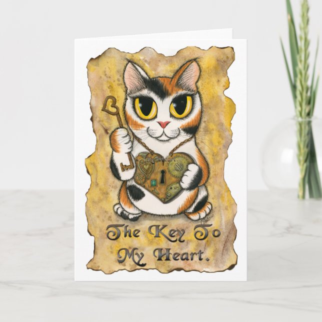 Steampunk Valentine Cat Heart Locket Key Art Card (Front)