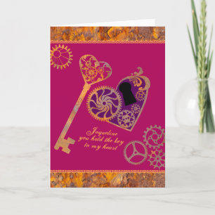Steampunk Valentine Rusty Gears Heart Key and Lock Holiday Card