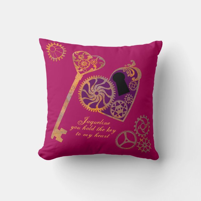 Steampunk Valentine Rusty Gears Heart Key and Lock Throw Pillow (Front)