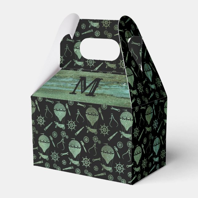 Steampunk Verdigris Balloons Monogram Gable Favor Boxes (Front Side)