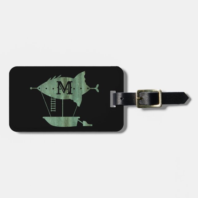 Steampunk Verdigris Bronze Airship Custom Monogram Luggage Tag (Front Horizontal)
