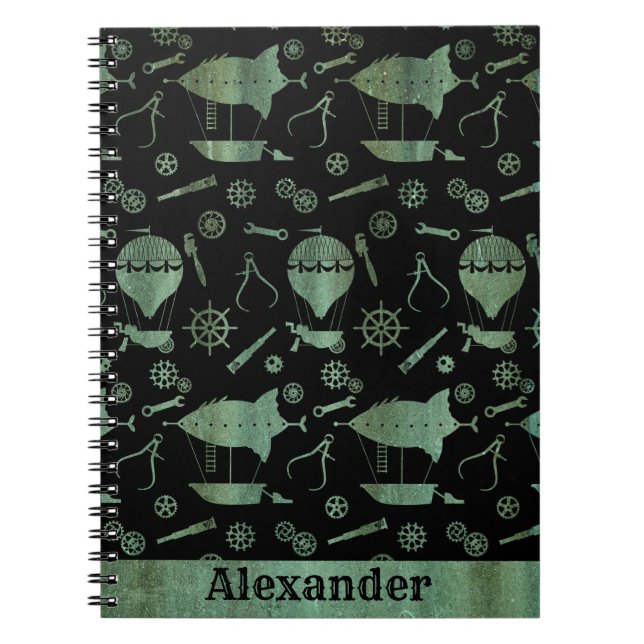 Steampunk Verdigris Bronze Airships Custom Name Notebook (Front)