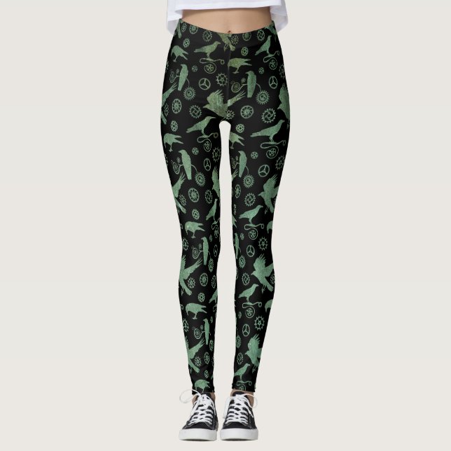 Steampunk Verdigris Bronze Crows and Gears Leggings (Front)