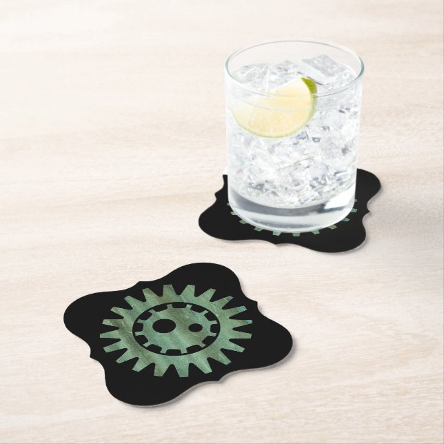 Steampunk Verdigris Bronze Gear I Paper Coaster (Insitu)