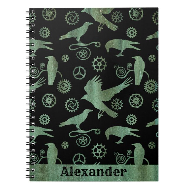Steampunk Verdigris Bronze Gears and Crows Notebook (Front)