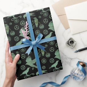 Steampunk Verdigris Bronze Gears and Crows Wrapping Paper