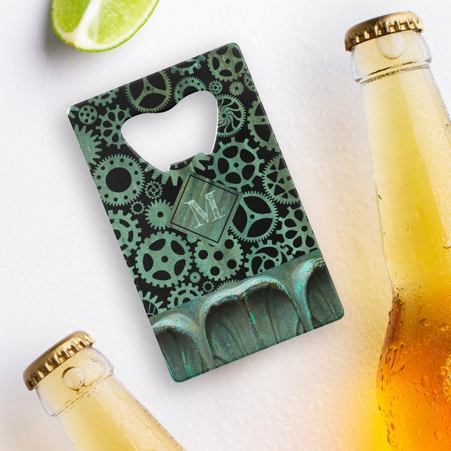 Steampunk Verdigris Bronze Gears Custom Monogram Credit Card Bottle Opener (Creator Uploaded)