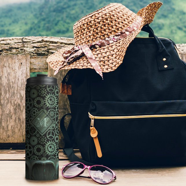 Steampunk Verdigris Bronze Gears Custom Monogram Thermal Tumbler (Creator Uploaded)