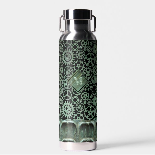 Steampunk Verdigris Bronze Gears Custom Monogram Water Bottle (Front)