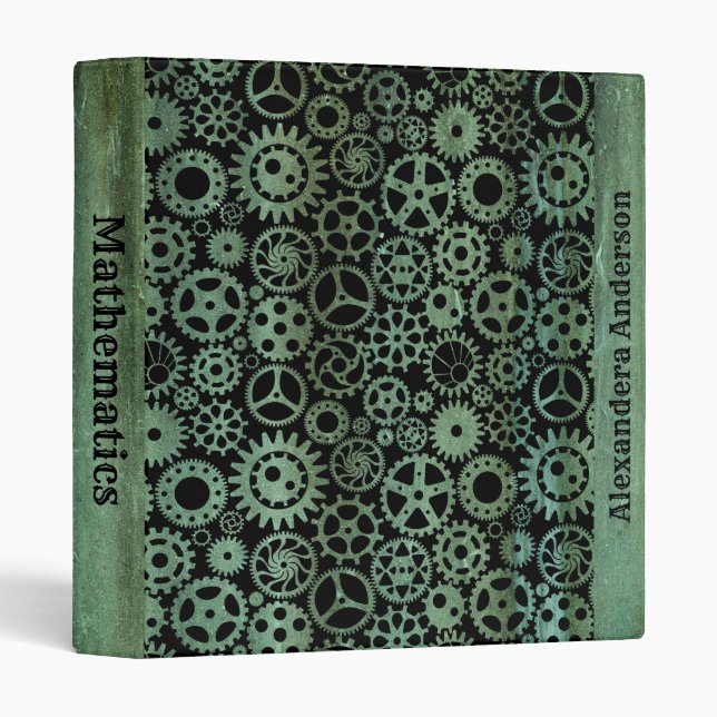Steampunk Verdigris Bronze Gears Custom Name 3 Ring Binder (Front/Spine)