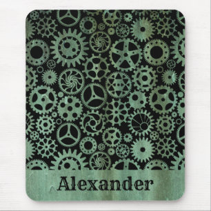 Steampunk Verdigris Bronze Gears Custom Name Mouse Pad