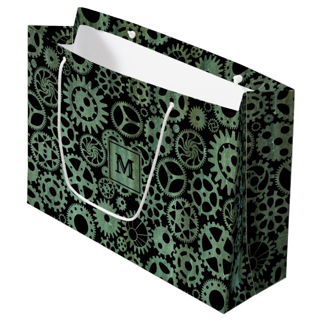 Steampunk Verdigris Bronze Gears Monogram Block Large Gift Bag (Front Angled)