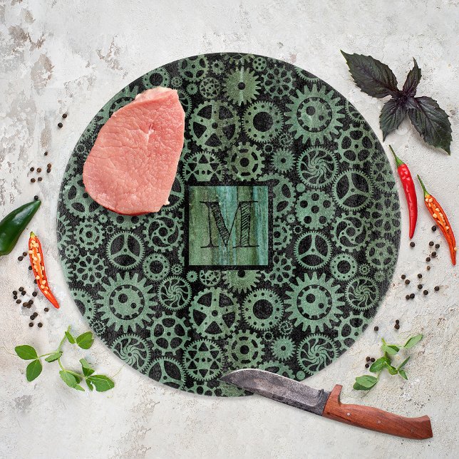 Steampunk Verdigris Bronze Gears Monogram Cutting Board (Creator Uploaded)