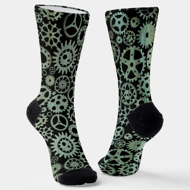 Steampunk Verdigris Bronze Gears Socks (Angled)