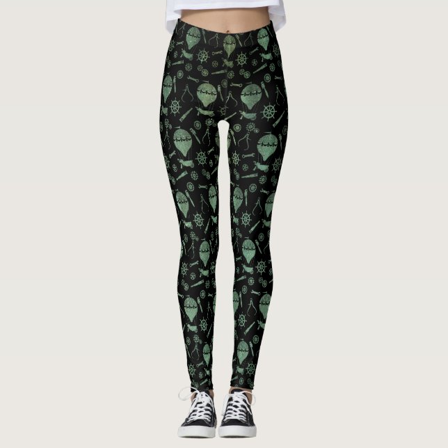 Steampunk Verdigris Bronze Hot Air Balloons Leggings (Front)