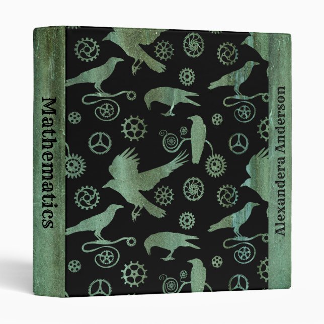 Steampunk Verdigris Gears and Crows Custom Name 3 Ring Binder (Front/Spine)
