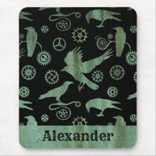 Steampunk Verdigris Gears and Crows Custom Name Mouse Pad