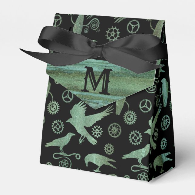 Steampunk Verdigris Gears and Crows Monogram Favor Boxes (Front Side)