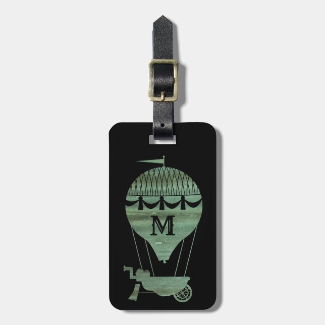 Steampunk Verdigris Hot Air Balloon Monogram Luggage Tag (Front Vertical)