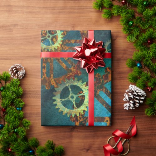 Steampunk Verdigris Rusty Cogwheel Wrapping Paper