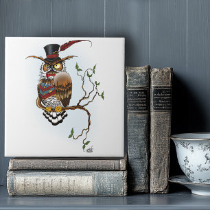 Steampunk Victorian Dapper Owl Top Hat Vintage  Ceramic Tile