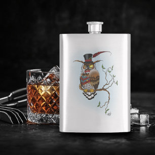 Steampunk Victorian Dapper Owl Top Hat Vintage Hip Flask