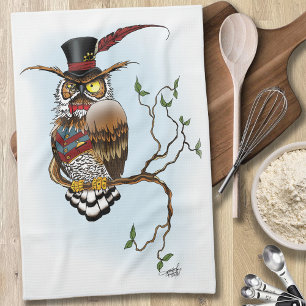 Steampunk Victorian Dapper Owl Top Hat Vintage Kitchen Towel